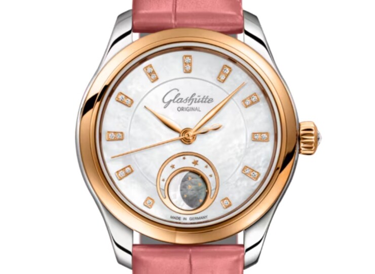 GLASHÜTTE ORIGINAL セレナーデ・ルナ 32.5mm ホワイトマザーオブパール ダイヤモンド文字盤 ステンレススティール／レッドゴールド ルイジアナ・アリゲーター・ストラップ（Ref.1-35-14-01-06-04） 1-35-14-01-06-04