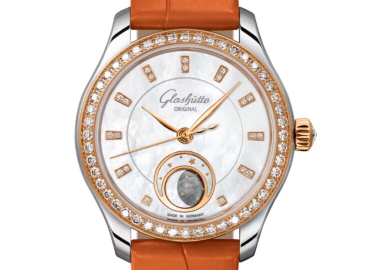 GLASHÜTTE ORIGINAL セレナーデ・ルナ 32.5mm ホワイトマザーオブパール ダイヤモンド文字盤 ステンレススティール／レッドゴールド ルイジアナ・アリゲーター・ストラップ（Ref.1-35-14-01-16-04） 1-35-14-01-16-04