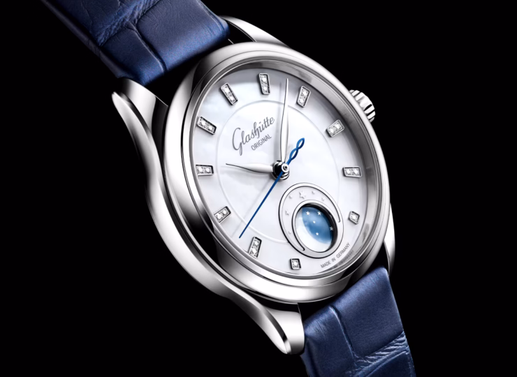 GLASHÜTTE ORIGINAL セレナーデ・ルナ 32.5mm ホワイトマザーオブパール ダイヤモンド文字盤 ステンレススティール ブルー ルイジアナ・アリゲーター・ストラップ(Ref.1-35-14-02-02-04) 1-35-14-02-02-04