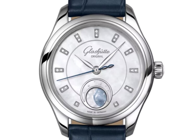 GLASHÜTTE ORIGINAL セレナーデ・ルナ 32.5mm ホワイトマザーオブパール ダイヤモンド文字盤 ステンレススティール ブルー ルイジアナ・アリゲーター・ストラップ(Ref.1-35-14-02-02-04) 1-35-14-02-02-04