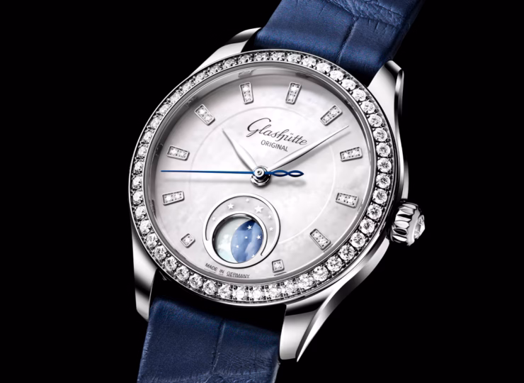 GLASHÜTTE ORIGINAL セレナーデ・ルナ 32.5mm ホワイトマザーオブパール ダイヤモンド文字盤 ステンレススティール ブルー ルイジアナ・アリゲーター・ストラップ(Ref.1-35-14-02-12-04) 1-35-14-02-12-04