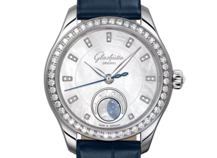 GLASHÜTTE ORIGINAL セレナーデ・ルナ 32.5mm ホワイトマザーオブパール ダイヤモンド文字盤 ステンレススティール ブルー ルイジアナ・アリゲーター・ストラップ(Ref.1-35-14-02-12-04) 1-35-14-02-12-04