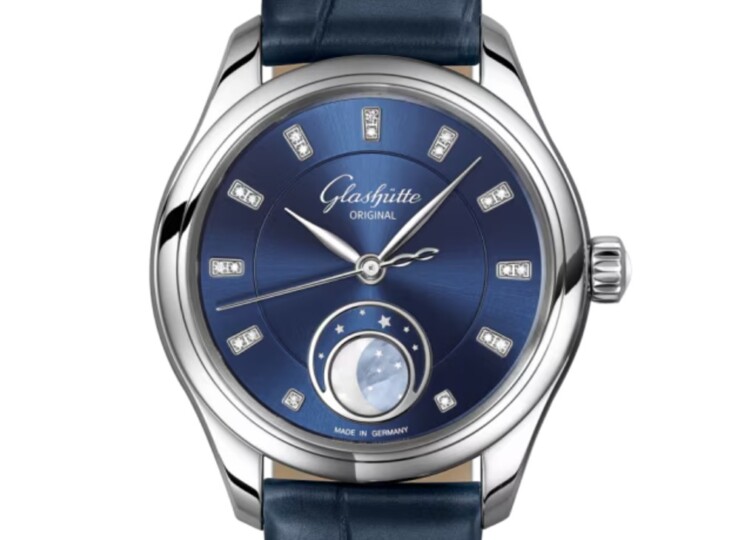 GLASHÜTTE ORIGINAL セレナーデ・ルナ 32.5mm ラディアントブルー ダイヤモンド文字盤 ステンレススティール ブルー ルイジアナ・アリゲーター・ストラップ 1-35-14-03-02-04