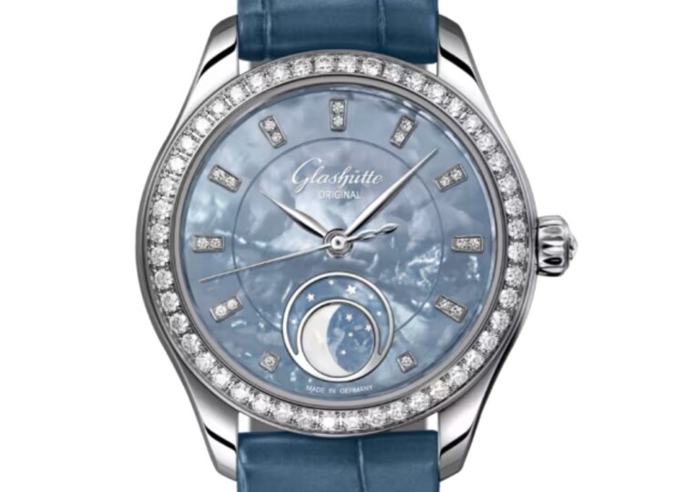 GLASHÜTTE ORIGINAL セレナーデ・ルナ 32.5mm ブルーマザーオブパール ダイヤモンド文字盤 ステンレススティール ブルー ルイジアナ・アリゲーター・ストラップ 1-35-14-04-12-04