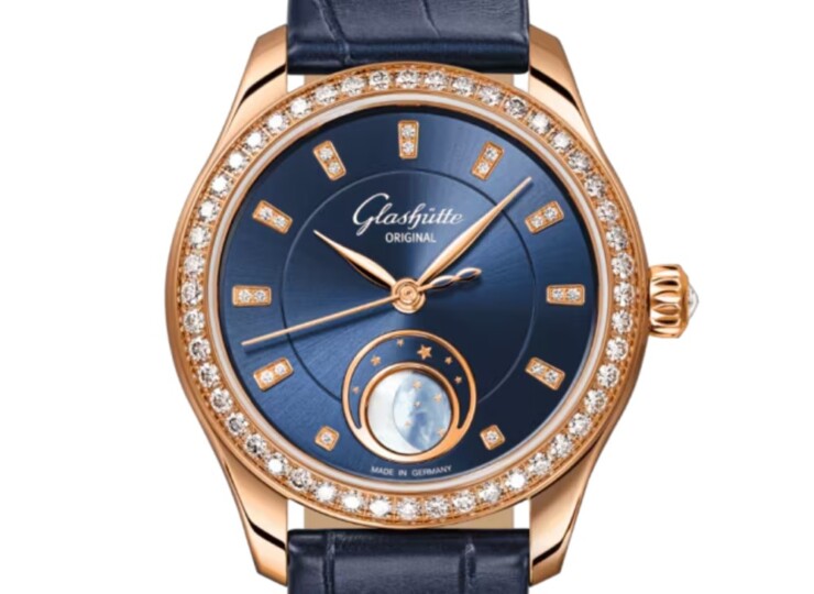 GLASHÜTTE ORIGINAL セレナーデ・ルナ 32.5mm ラディアントブルー ダイヤモンド文字盤 レッドゴールド 1-35-14-06-15-04