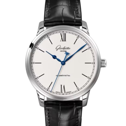 GLASHÜTTE ORIGINAL セネタ・エクセレンス 40mm シルバーグレイン文字盤 ステンレススティール ブラック ルイジアナ・アリゲーター・ストラップ 1-36-01-01-02-61