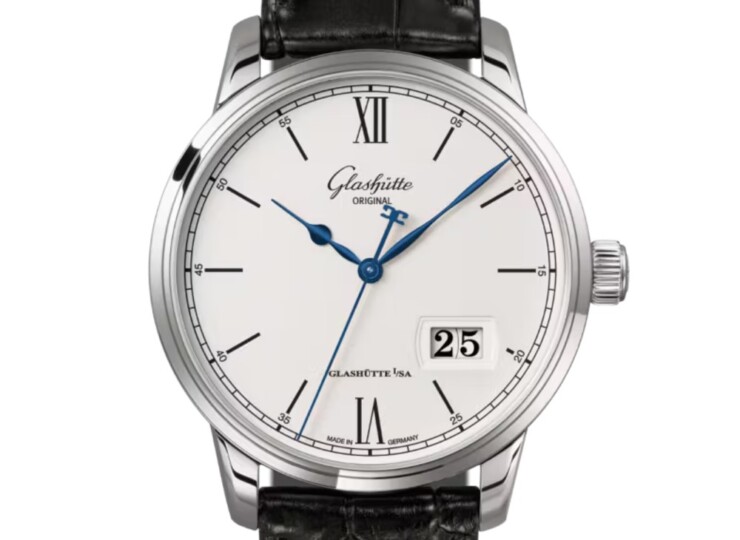 GLASHÜTTE ORIGINAL セネタ・エクセレンス・パノラマデイト 40mm シルバーグレイン文字盤 ステンレススティール ブラック ルイジアナ・アリゲーター・ストラップ 1-36-03-01-02-61