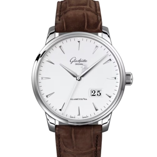 セネタ・エクセレンス・パノラマデイト 42mm ホワイト文字盤 ステンレススティール ブラウン ルイジアナ・アリゲーター・ストラップ
