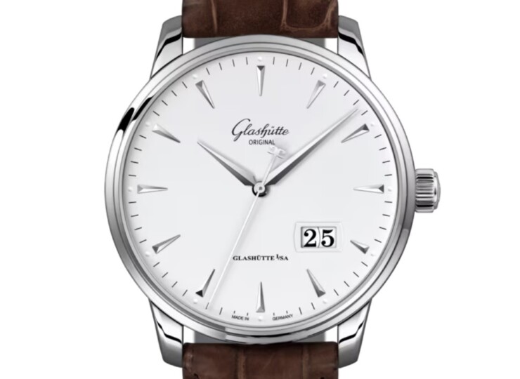 GLASHÜTTE ORIGINAL セネタ・エクセレンス・パノラマデイト 42mm ホワイト文字盤 ステンレススティール ブラウン ルイジアナ・アリゲーター・ストラップ 1-36-03-05-02-31