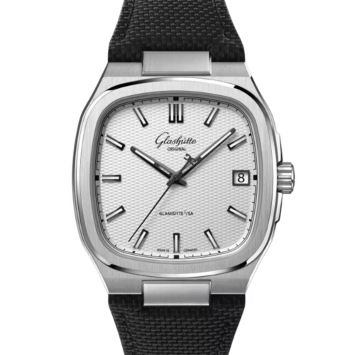 70s 39 x 39mm シルバー文字盤 ステンレススティール ブラック ラバーストラップ