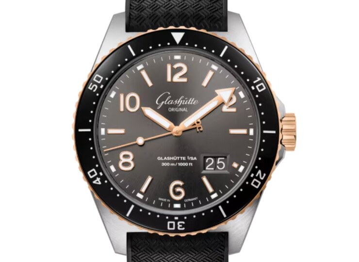 GLASHÜTTE ORIGINAL SeaQパノラマデイト 43.2mm グレー文字盤 ステンレススティール/レッドゴールド ブラック ラバーストラップ 1-36-13-04-91-33