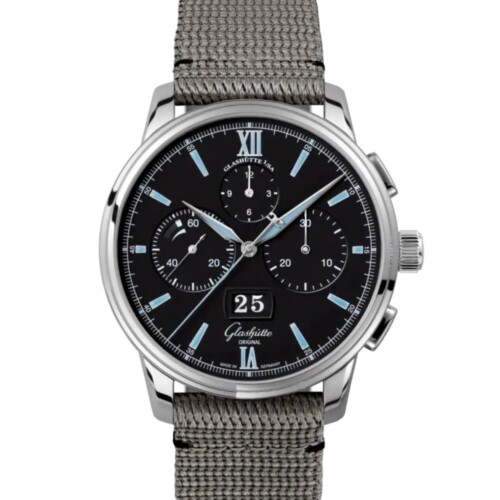 セネタ・クロノグラフ・パノラマデイト 42mm ブラック文字盤 ステンレススティール グレー シンセティック