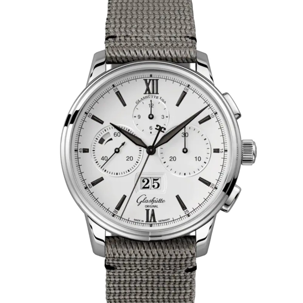 GLASHÜTTE ORIGINAL セネタ・クロノグラフ・パノラマデイト 42mm ホワイト文字盤 ステンレススティール グレー シンセティック 1-37-01-05-02-36