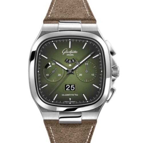 70s クロノグラフ・パノラマデイト 40 x 40mm グリーン文字盤 ステンレススティール ブラウン カーフ