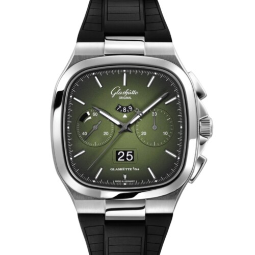 70s クロノグラフ・パノラマデイト 40 x 40mm グリーン文字盤 ステンレススティール ブラック ラバーストラップ