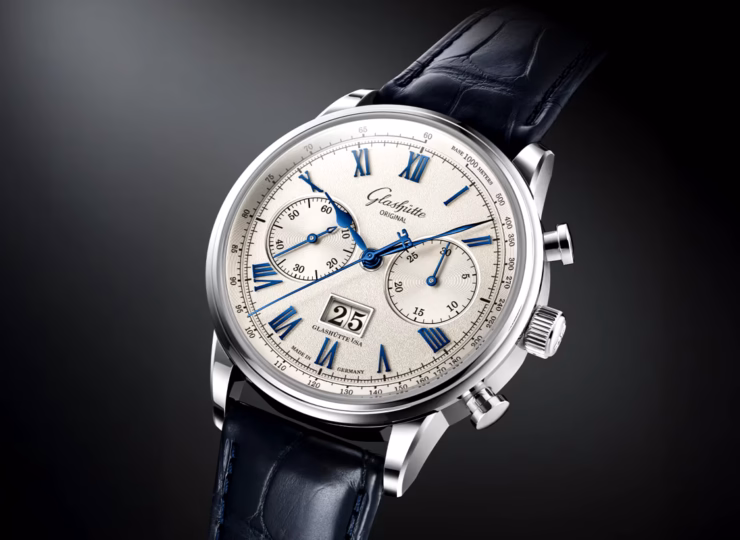 GLASHÜTTE ORIGINAL セネタ・クロノグラフ 41mm シルバー文字盤 ステンレススティール ブルー ルイジアナ・アリゲーター・ストラップ 1-37-24-01-02-61
