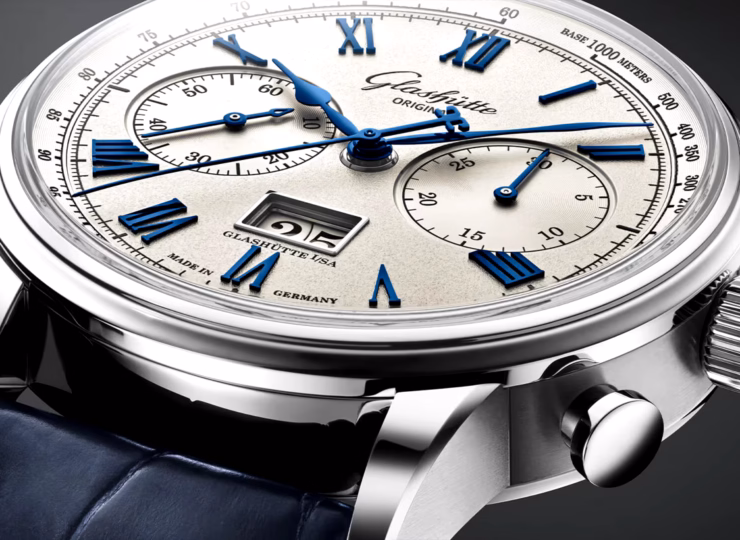 GLASHÜTTE ORIGINAL セネタ・クロノグラフ 41mm シルバー文字盤 ステンレススティール ブルー ルイジアナ・アリゲーター・ストラップ 1-37-24-01-02-61