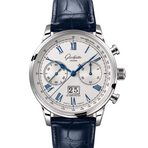 GLASHÜTTE ORIGINAL セネタ・クロノグラフ 41mm シルバー文字盤 ステンレススティール ブルー ルイジアナ・アリゲーター・ストラップ 1-37-24-01-02-61
