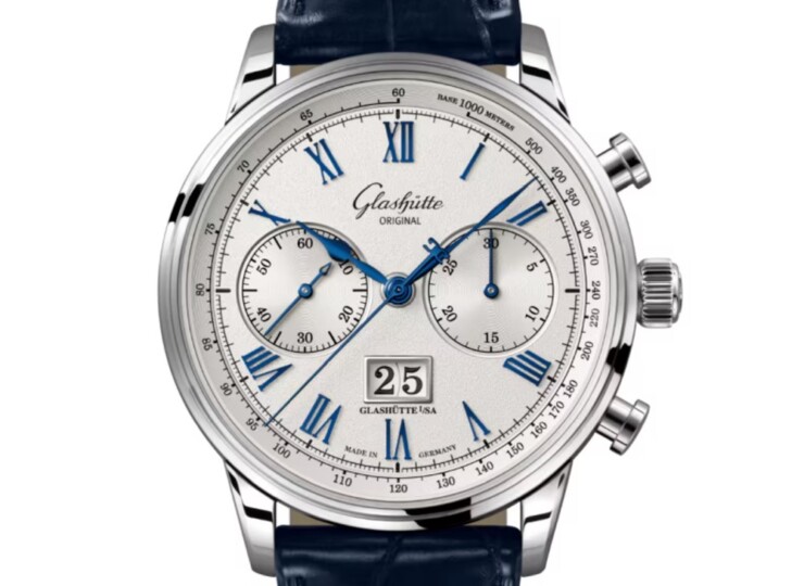 GLASHÜTTE ORIGINAL セネタ・クロノグラフ 41mm シルバー文字盤 ステンレススティール ブルー ルイジアナ・アリゲーター・ストラップ 1-37-24-01-02-61