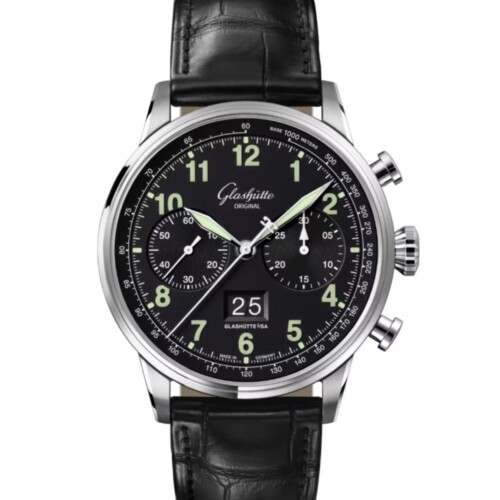GLASHÜTTE ORIGINAL セネタ・クロノグラフ ナビゲーター 41mm マットブラック文字盤 ステンレススティール ブラック ルイジアナ・アリゲーター・ストラップ 1-37-24-20-12-61