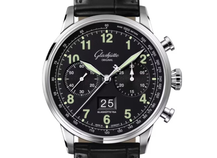 GLASHÜTTE ORIGINAL セネタ・クロノグラフ ナビゲーター 41mm マットブラック文字盤 ステンレススティール ブラック ルイジアナ・アリゲーター・ストラップ 1-37-24-20-12-61
