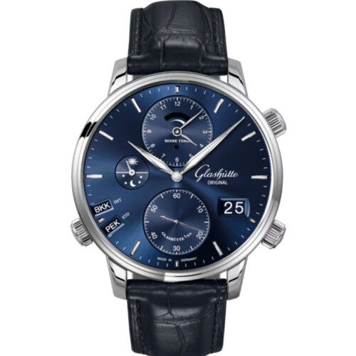GLASHÜTTE ORIGINAL セネタ・コスモポリト 44mm ブルー文字盤 ステンレススティール ブルー ルイジアナ・アリゲーター・ストラップ 1-89-02-05-02-61