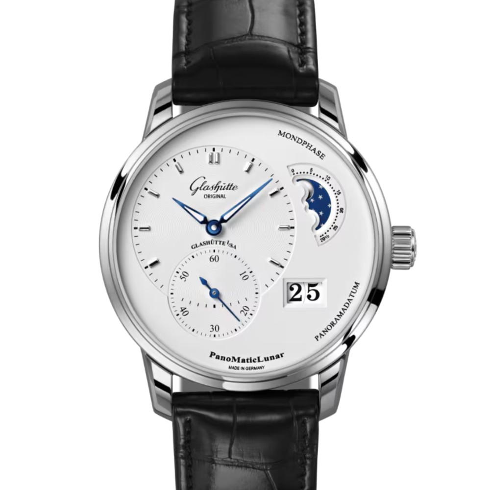 GLASHÜTTE ORIGINAL パノマティックルナ 40mm シルバー文字盤 ステンレススティール ブラック ルイジアナ・アリゲーター・ストラップ 1-90-02-42-32-61