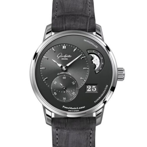 GLASHÜTTE ORIGINAL パノマティックルナ 40mm ルテニウム文字盤 ステンレススティール グレー ルイジアナ・アリゲーター・ストラップ 1-90-02-43-32-62