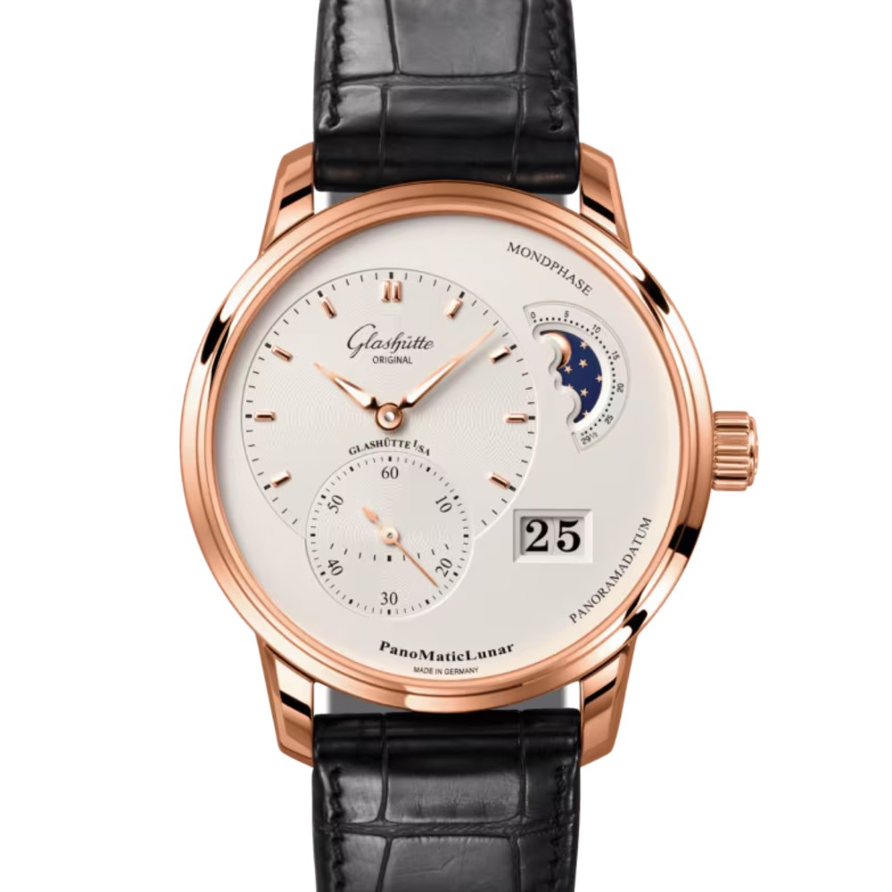 GLASHÜTTE ORIGINAL パノマティックルナ 40mm シルバー文字盤 レッドゴールド ブラック ルイジアナ・アリゲーター・ストラップ 1-90-02-45-35-61