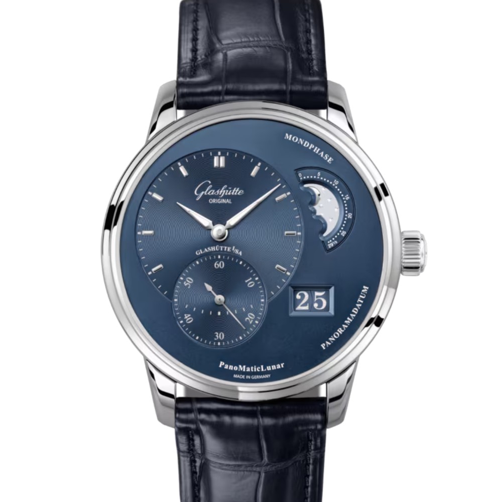 GLASHÜTTE ORIGINAL パノマティックルナ 40mm ブルー文字盤 ステンレススティール ブルー ルイジアナ・アリゲーター・ストラップ 1-90-02-46-32-61