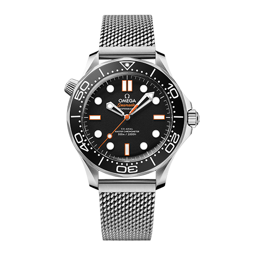 OMEGA シーマスター ダイバー300M 42mm ブラック文字盤 オレンジアクセント メッシュブレスレット 210.30.42.20.01.018