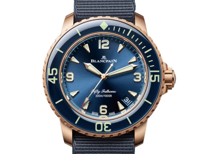 BLANCPAIN フィフティファゾムス オートマティック 42.3mm ブルー文字盤 レッドゴールド NATOストラップ 5010-36B40-NAOA