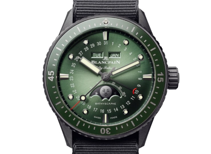 BLANCPAIN フィフティ ファゾムス バチスカーフ コンプリートカレンダー 43.6mm サンバーストグリーン文字盤 セラミック NATO 5054-0153-NABA