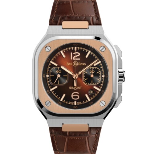 BR-05 Chrono S.T. Dupont 42mm ブラウン文字盤 ブラックパティーナを施したブラウンのアリゲーター調カーフレザー