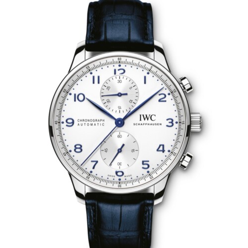 ポルトギーゼ・クロノグラフ 41mm シルバー文字盤 ステンレススティール ブルー・アリゲーター・ストラップ