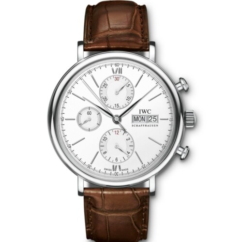 ポートフィノ・クロノグラフ 42mm シルバー文字盤 ステンレススティール ダークブラウン・アリゲーター・ストラップ