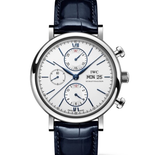 ポートフィノ・クロノグラフ 42mm シルバー文字盤 ステンレススティール ブルー・アリゲーター・ストラップ