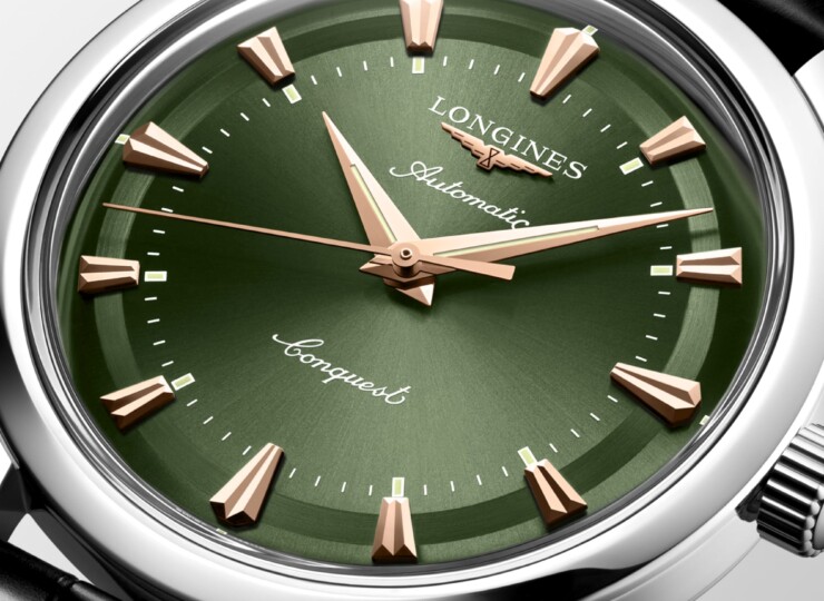 LONGINES コンクエスト ヘリテージ 40mm 緑ラッカー「ポリッシュ」文字盤 ステンレススティール アリゲーターストラップ L1.650.4.02.2