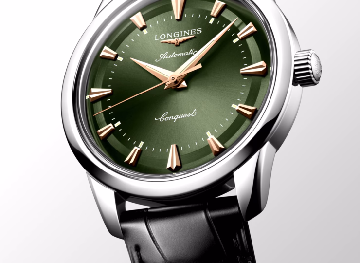 LONGINES コンクエスト ヘリテージ 40mm 緑ラッカー「ポリッシュ」文字盤 ステンレススティール アリゲーターストラップ L1.650.4.02.2