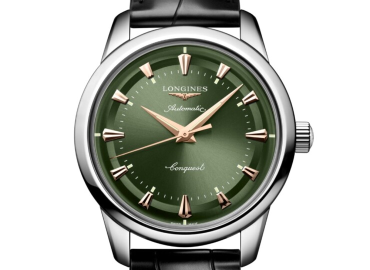 LONGINES コンクエスト ヘリテージ 40mm 緑ラッカー「ポリッシュ」文字盤 ステンレススティール アリゲーターストラップ L1.650.4.02.2