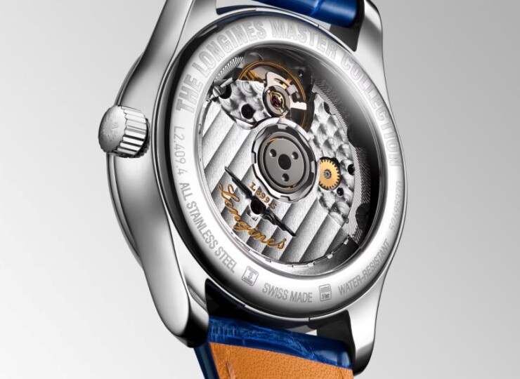 LONGINES マスターコレクション ムーンフェイズ 34mm ホワイト マザーオブパール文字盤 ステンレススティール ダイヤモンド ブルー・アリゲーターストラップ L2.409.4.87.0