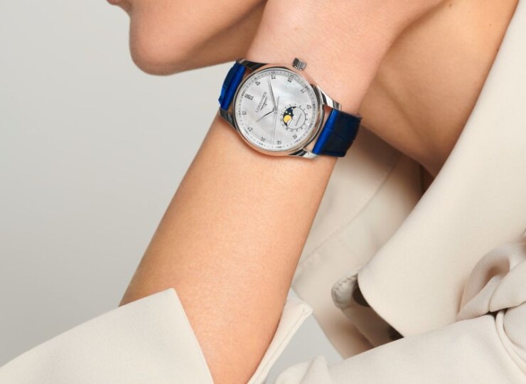 LONGINES マスターコレクション ムーンフェイズ 34mm ホワイト マザーオブパール文字盤 ステンレススティール ダイヤモンド ブルー・アリゲーターストラップ L2.409.4.87.0