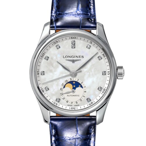 マスターコレクション ムーンフェイズ 34mm ホワイト マザーオブパール文字盤 ステンレススティール ダイヤモンド ブルー・アリゲーターストラップ