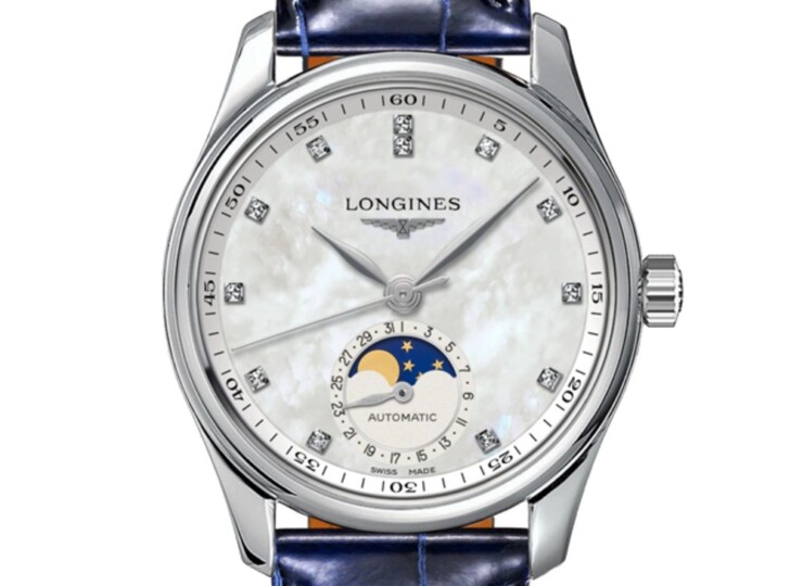 LONGINES マスターコレクション ムーンフェイズ 34mm ホワイト マザーオブパール文字盤 ステンレススティール ダイヤモンド ブルー・アリゲーターストラップ L2.409.4.87.0