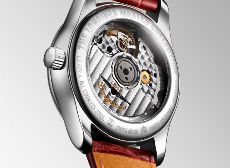 LONGINES マスターコレクション ムーンフェイズ 34mm ホワイト マザーオブパール文字盤 ステンレススティール ダイヤモンド レッド・アリゲーターストラップ L2.409.4.87.2