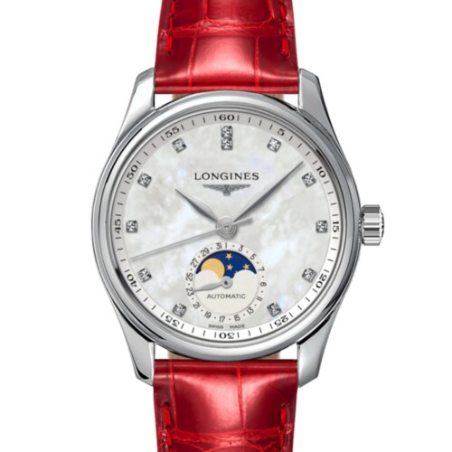 マスターコレクション ムーンフェイズ 34mm ホワイト マザーオブパール文字盤 ステンレススティール ダイヤモンド レッド・アリゲーターストラップ