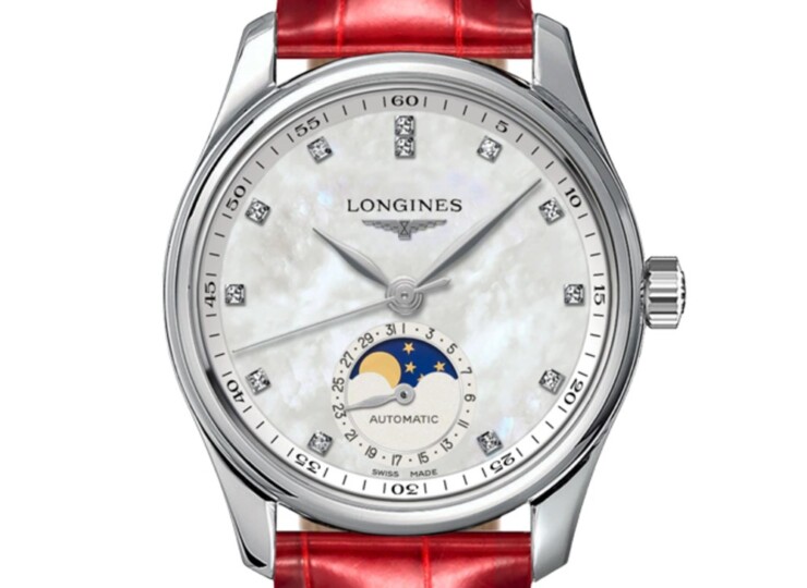 LONGINES マスターコレクション ムーンフェイズ 34mm ホワイト マザーオブパール文字盤 ステンレススティール ダイヤモンド レッド・アリゲーターストラップ L2.409.4.87.2