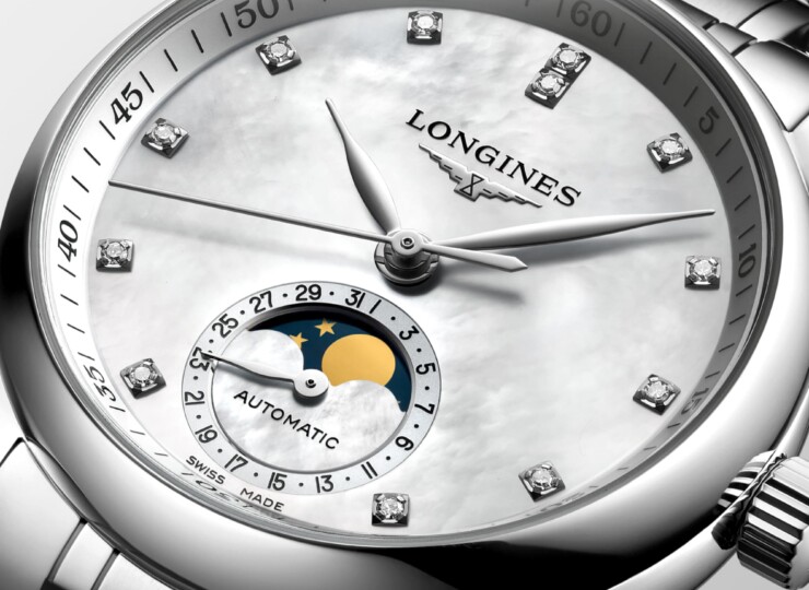 LONGINES マスターコレクション ムーンフェイズ 34mm ホワイト マザーオブパール文字盤 ステンレススティール ダイヤモンド ブレスレット L2.409.4.87.6