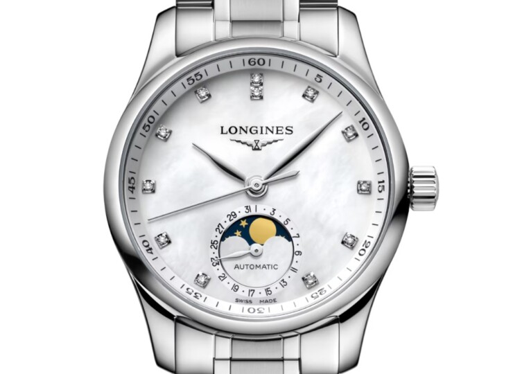 LONGINES マスターコレクション ムーンフェイズ 34mm ホワイト マザーオブパール文字盤 ステンレススティール ダイヤモンド ブレスレット L2.409.4.87.6
