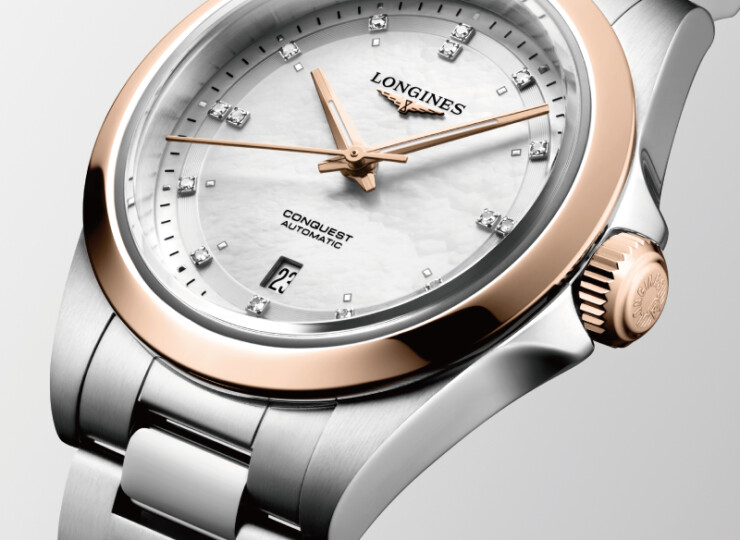 LONGINES コンクエスト 30mm ホワイト マザーオブパール文字盤 ステンレススチール&18KローズゴールドGC200 L3.320.5.87.6
